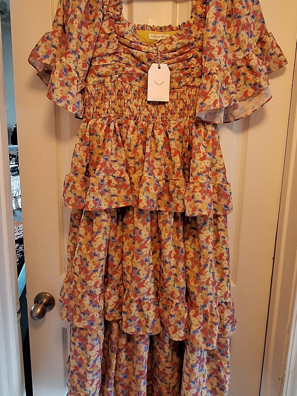 Free the Roses Yellow Floral Ruffle Smocked Dress